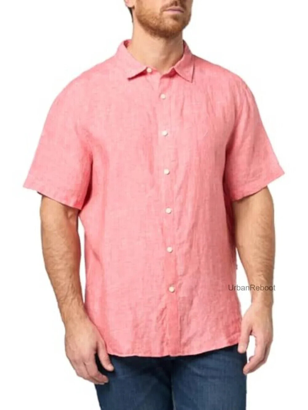 Nautica Men's Sz L Salmon Linen Shirt Short Slv Button Up Collared Logo Coastal